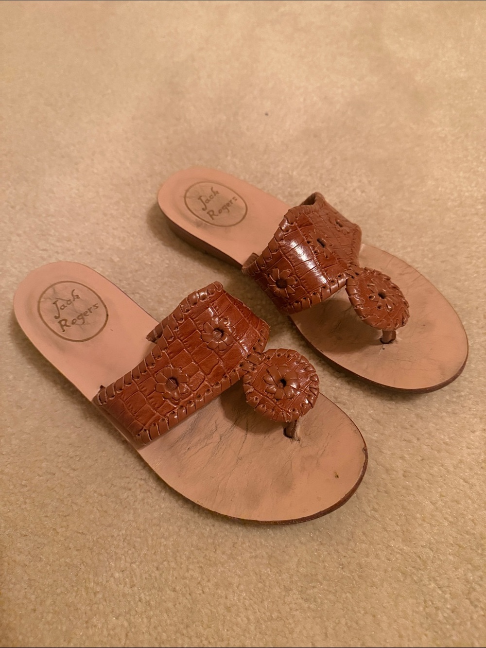 Jack Rogers Tan Brown Leather Crochet Toe-Post Sandals